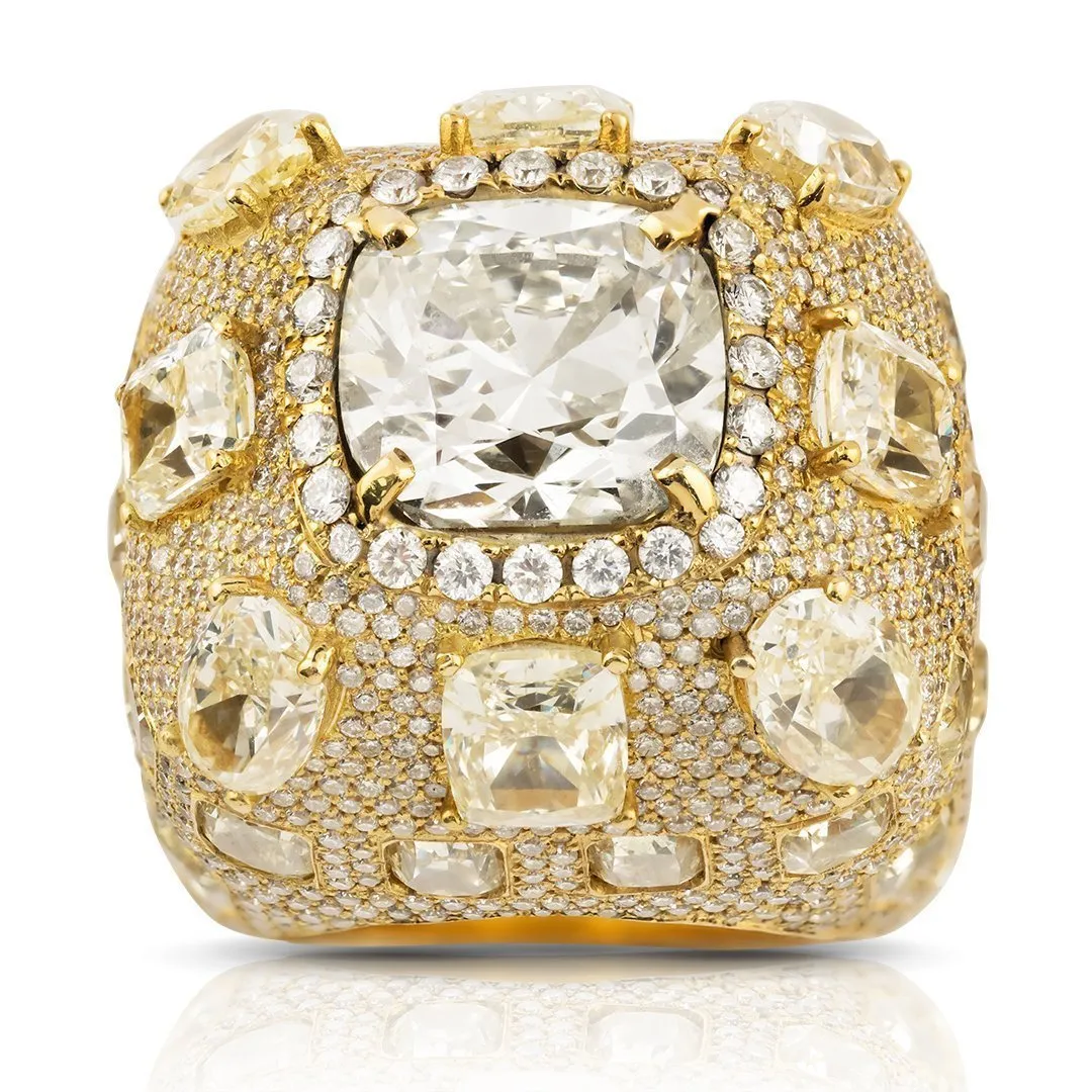18k Yellow Gold High End Mens Designer Yellow & White VS Diamond Ring 27.28 Ctw
