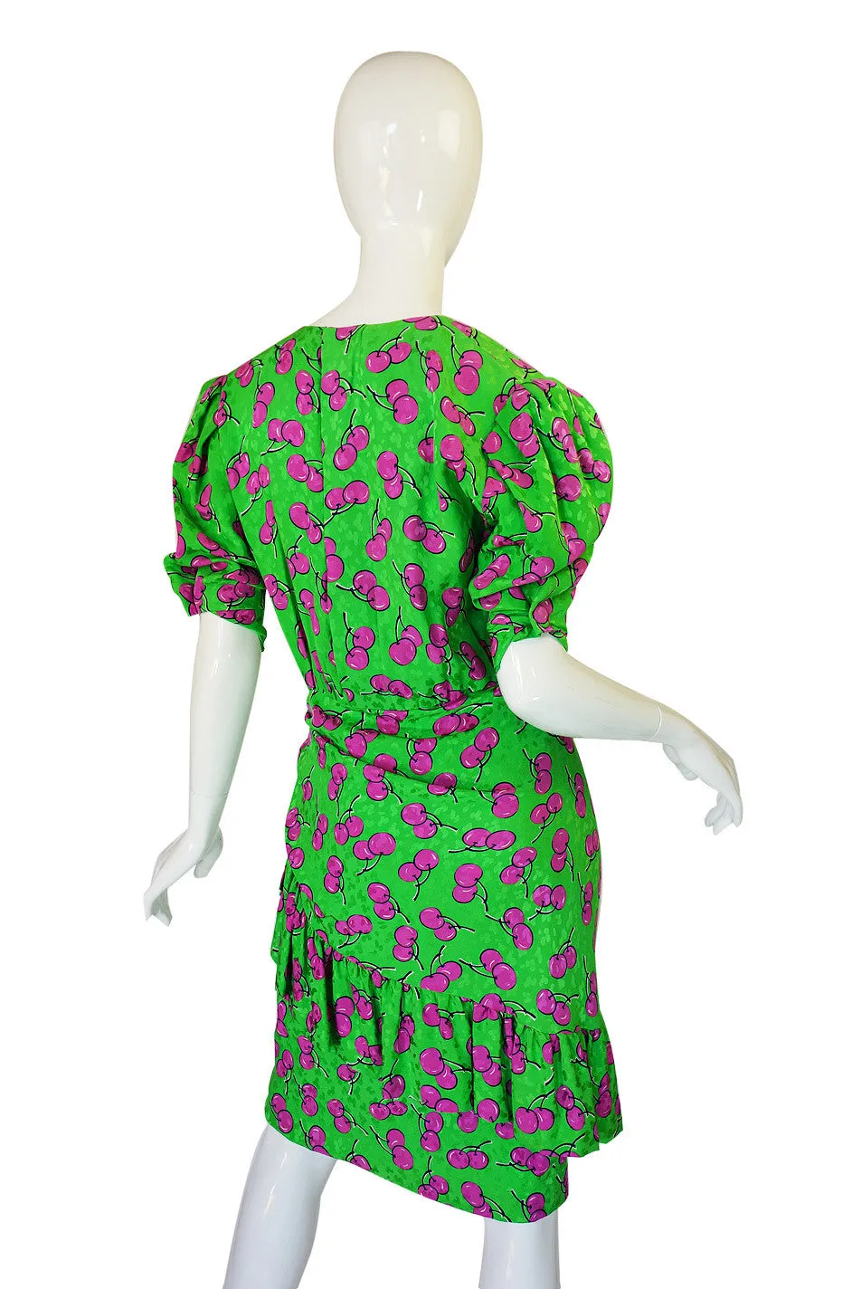 1980s Silk Givenchy Green Cherry Dress