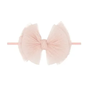 Baby Bling Tulle Skinny Nylon Headband with Tulle Bow - Pleated Rose Quartz