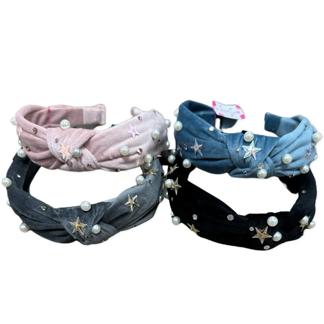 Bari Lynn Crystalized Velvet Pearl Stud Knot Headband