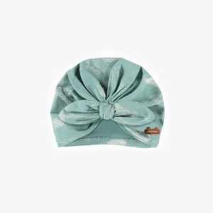 Bonnet turquoise pâle à motif de noisettes avec nœud en jersey doux, bébé || Light turquoise hazelnut patterns hat with a buckle in soft jersey, baby