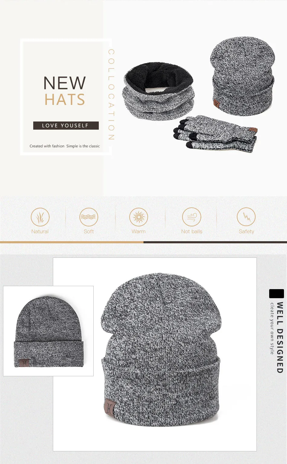 Collar Scarf   Gloves   Knitted Skullies Beanie Set or winter - Dark Grey,Rose Red,Coffee,Grey,Light Grey,Black