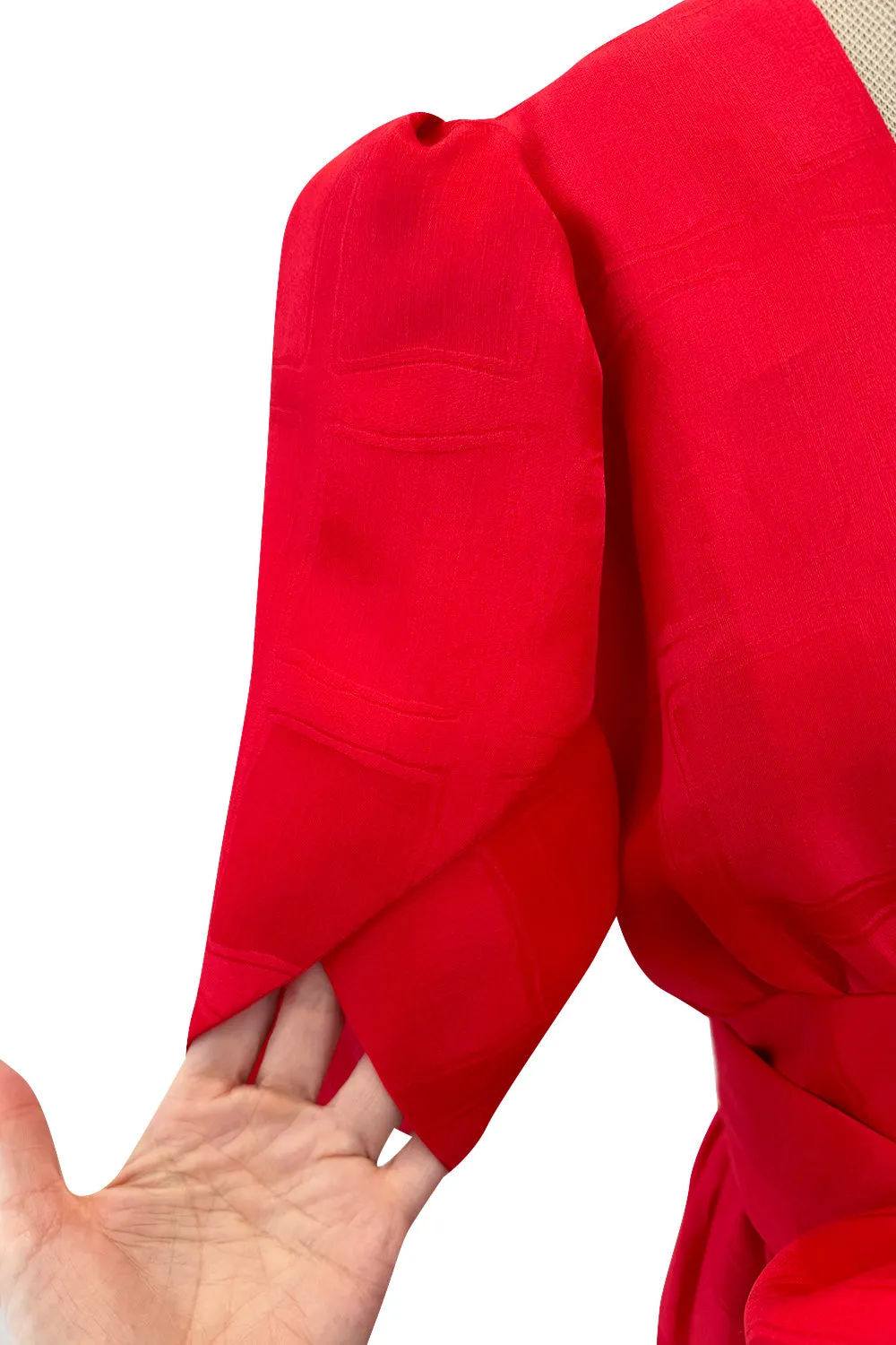 Gorgeous Spring 1974 Givenchy Red Silk Organza Full Lower Skirted Dress w Sash & Incredible Sleeves