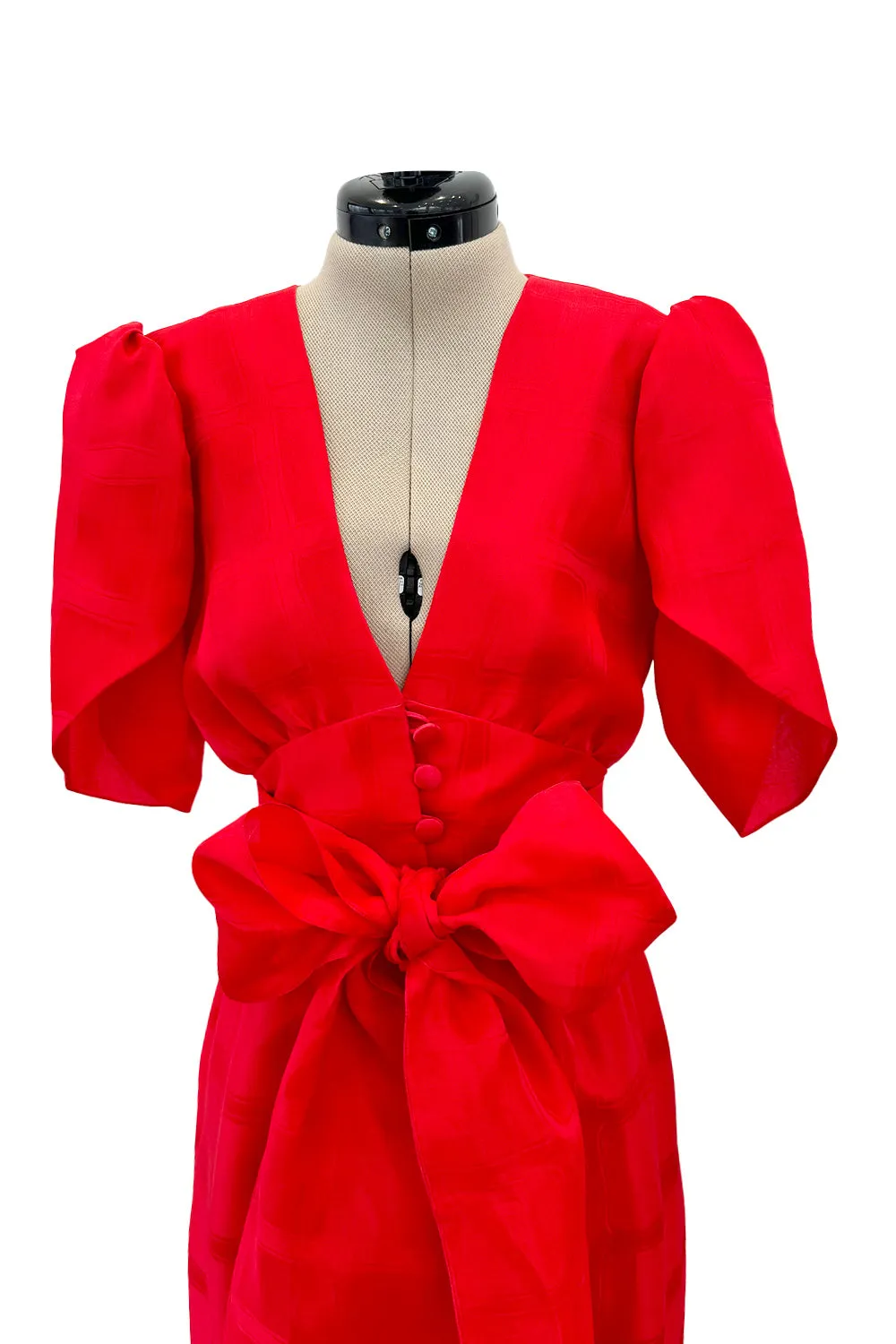 Gorgeous Spring 1974 Givenchy Red Silk Organza Full Lower Skirted Dress w Sash & Incredible Sleeves