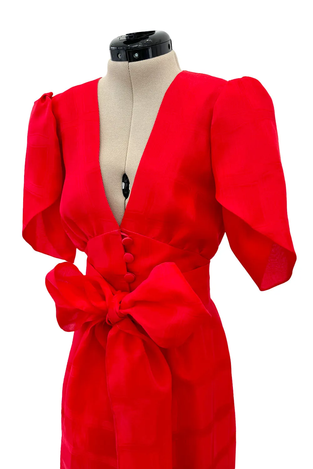 Gorgeous Spring 1974 Givenchy Red Silk Organza Full Lower Skirted Dress w Sash & Incredible Sleeves
