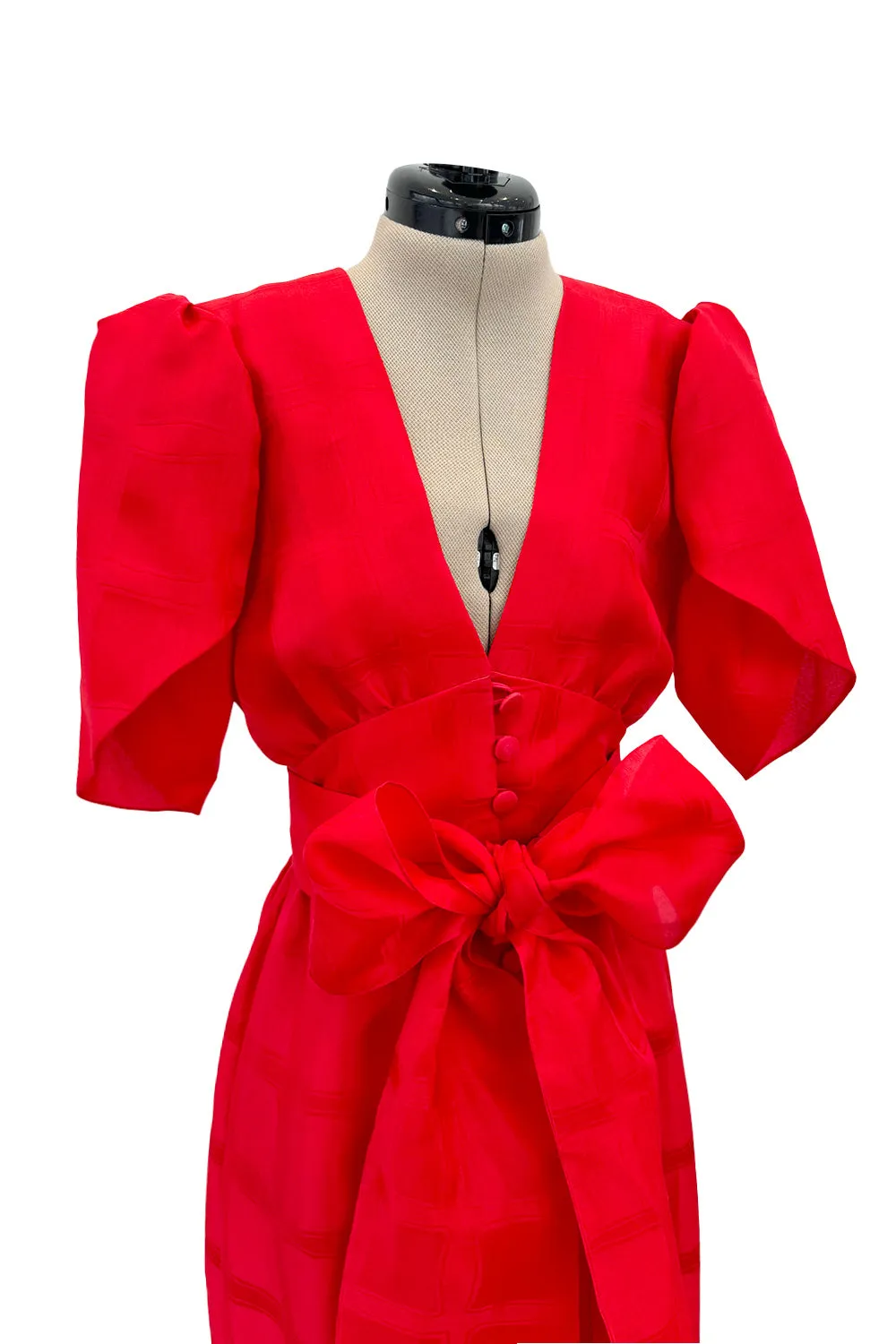 Gorgeous Spring 1974 Givenchy Red Silk Organza Full Lower Skirted Dress w Sash & Incredible Sleeves