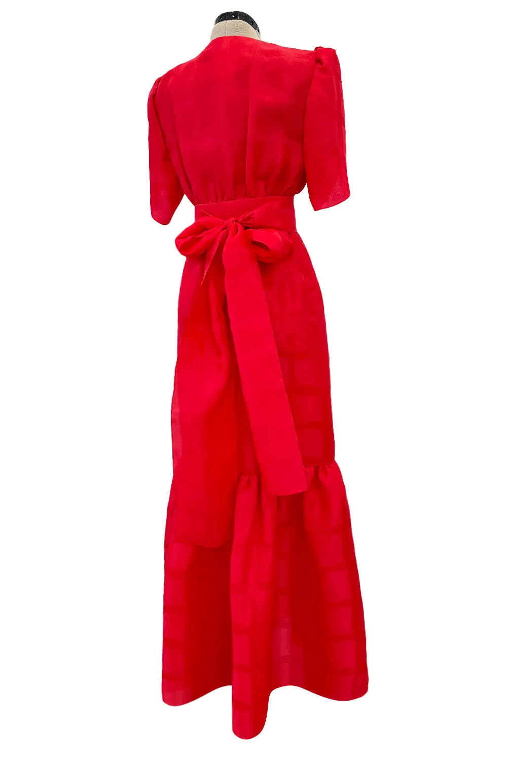 Gorgeous Spring 1974 Givenchy Red Silk Organza Full Lower Skirted Dress w Sash & Incredible Sleeves