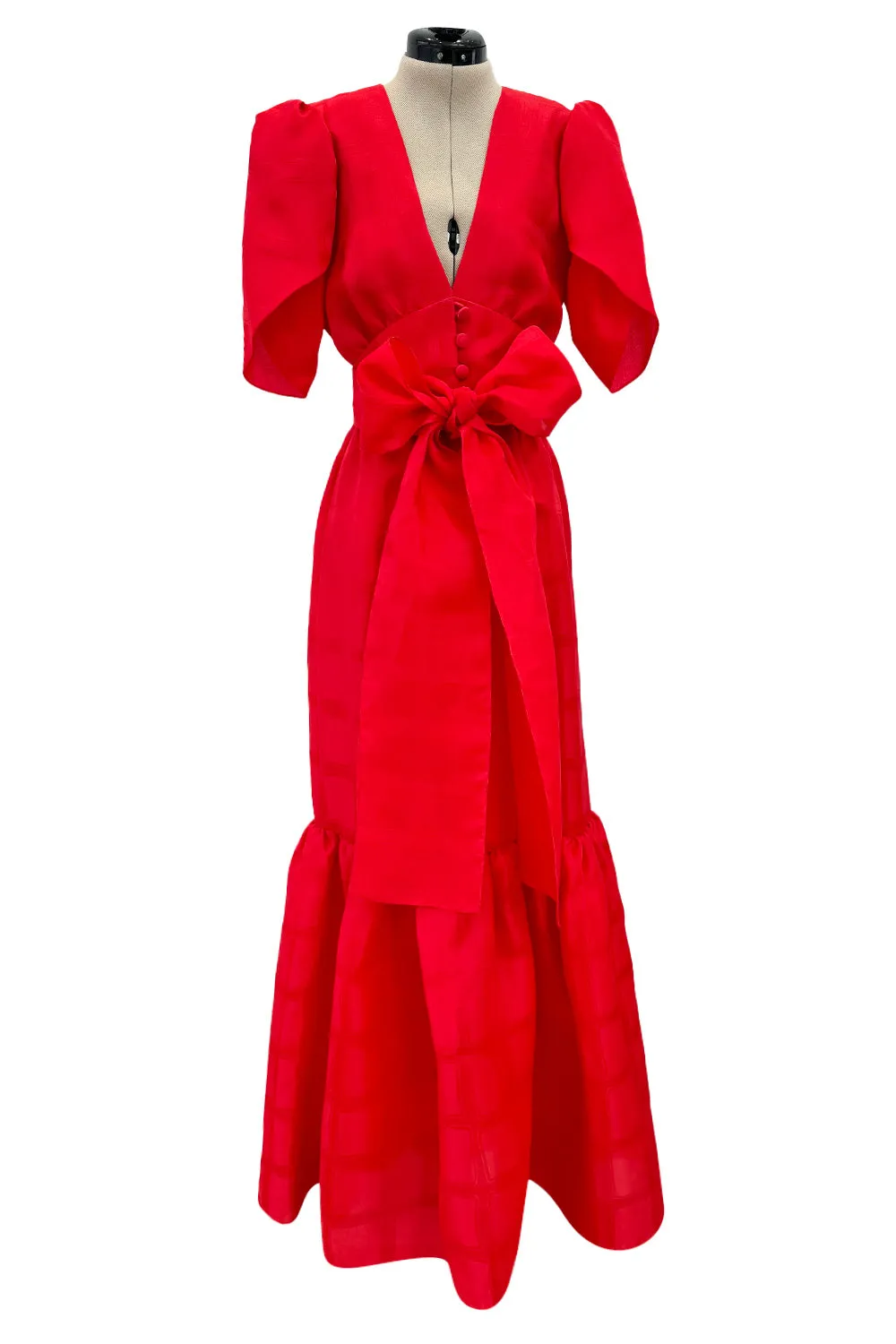 Gorgeous Spring 1974 Givenchy Red Silk Organza Full Lower Skirted Dress w Sash & Incredible Sleeves
