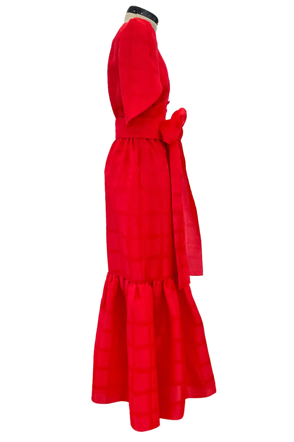 Gorgeous Spring 1974 Givenchy Red Silk Organza Full Lower Skirted Dress w Sash & Incredible Sleeves