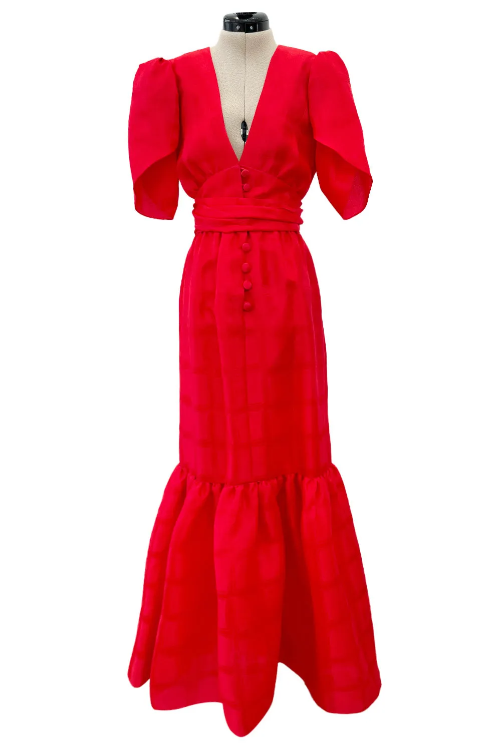 Gorgeous Spring 1974 Givenchy Red Silk Organza Full Lower Skirted Dress w Sash & Incredible Sleeves