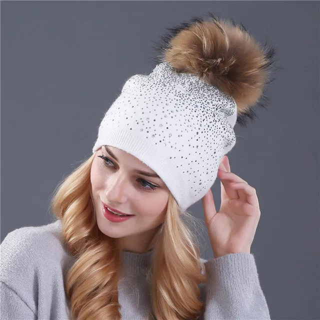 Knitted Winter Hat with Fox, Mink Fur Pom Pom and Shining Rhinestone Multiple Colors
