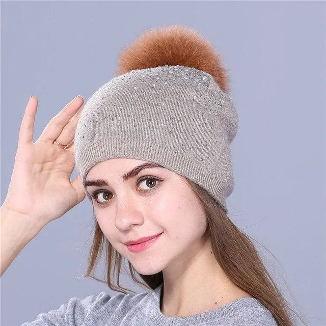Knitted Winter Hat with Fox, Mink Fur Pom Pom and Shining Rhinestone Multiple Colors