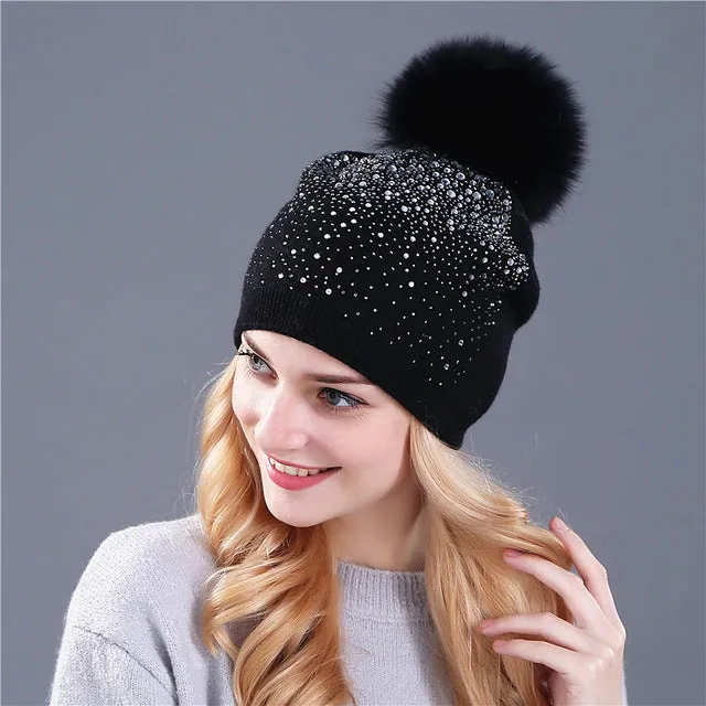 Knitted Winter Hat with Fox, Mink Fur Pom Pom and Shining Rhinestone Multiple Colors