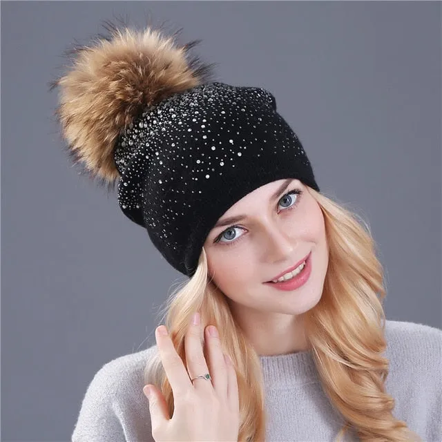 Knitted Winter Hat with Fox, Mink Fur Pom Pom and Shining Rhinestone Multiple Colors