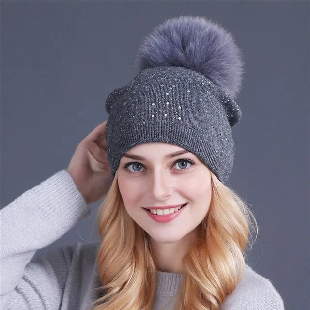 Knitted Winter Hat with Fox, Mink Fur Pom Pom and Shining Rhinestone Multiple Colors