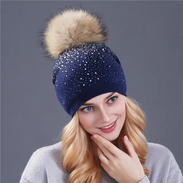 Knitted Winter Hat with Fox, Mink Fur Pom Pom and Shining Rhinestone Multiple Colors