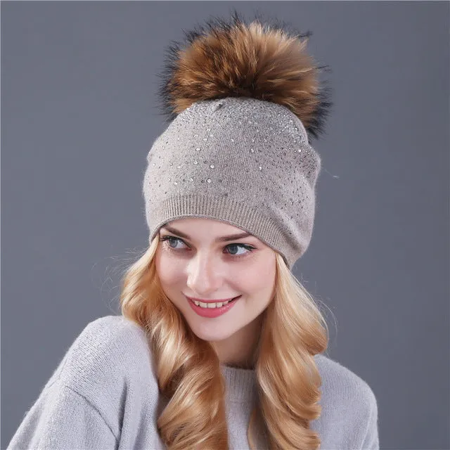 Knitted Winter Hat with Fox, Mink Fur Pom Pom and Shining Rhinestone Multiple Colors