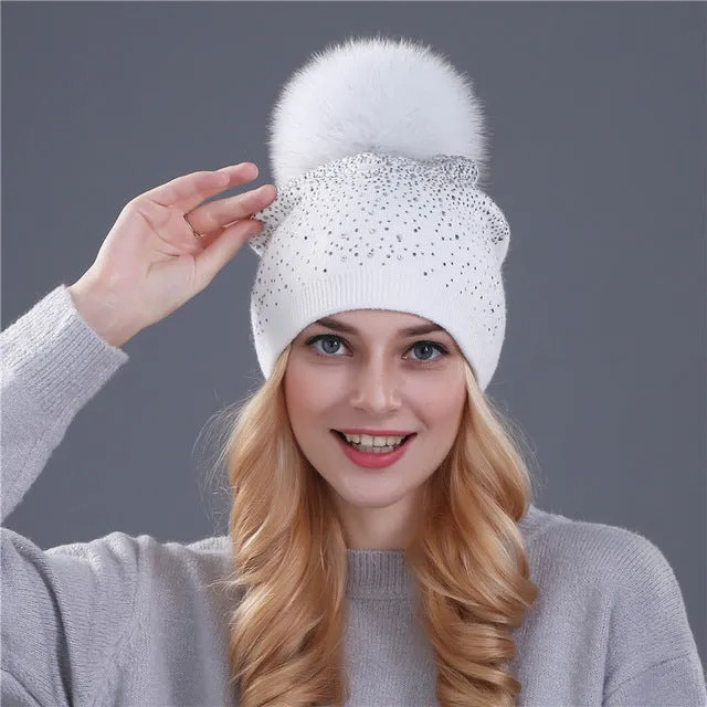 Knitted Winter Hat with Fox, Mink Fur Pom Pom and Shining Rhinestone Multiple Colors