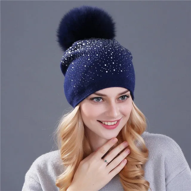 Knitted Winter Hat with Fox, Mink Fur Pom Pom and Shining Rhinestone Multiple Colors
