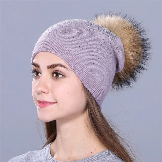 Knitted Winter Hat with Fox, Mink Fur Pom Pom and Shining Rhinestone Multiple Colors
