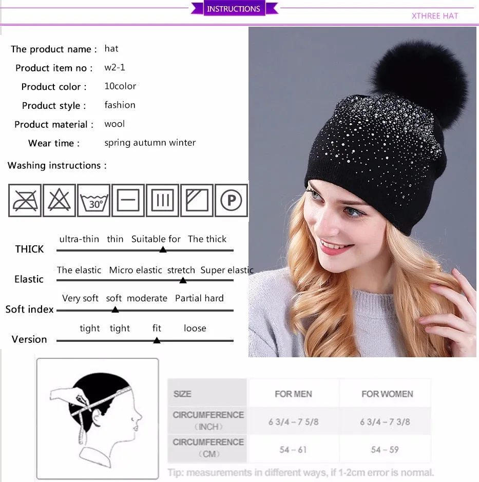 Knitted Winter Hat with Fox, Mink Fur Pom Pom and Shining Rhinestone Multiple Colors