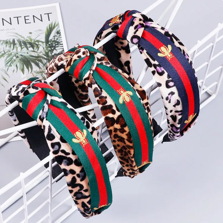 Leopard Knot Headbands with Stripe, Cross Knot Bee Embroidery Ribbon Hair Hoops with Cloth Wrapped
