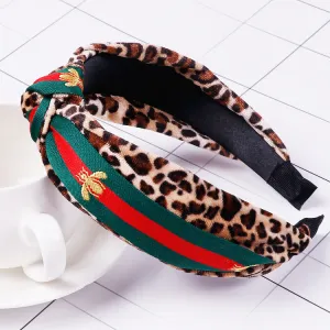 Leopard Knot Headbands with Stripe, Cross Knot Bee Embroidery Ribbon Hair Hoops with Cloth Wrapped