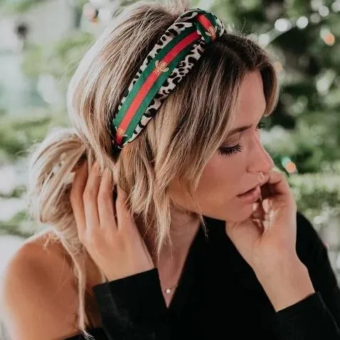 Leopard Knot Headbands with Stripe, Cross Knot Bee Embroidery Ribbon Hair Hoops with Cloth Wrapped