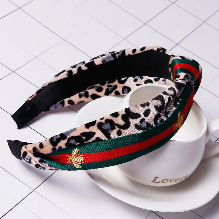 Leopard Knot Headbands with Stripe, Cross Knot Bee Embroidery Ribbon Hair Hoops with Cloth Wrapped