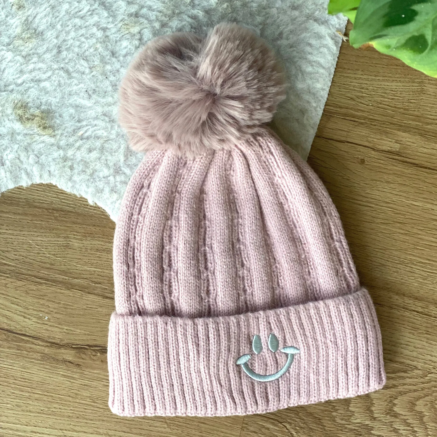 Pink Smiles Fur Pom Beanie