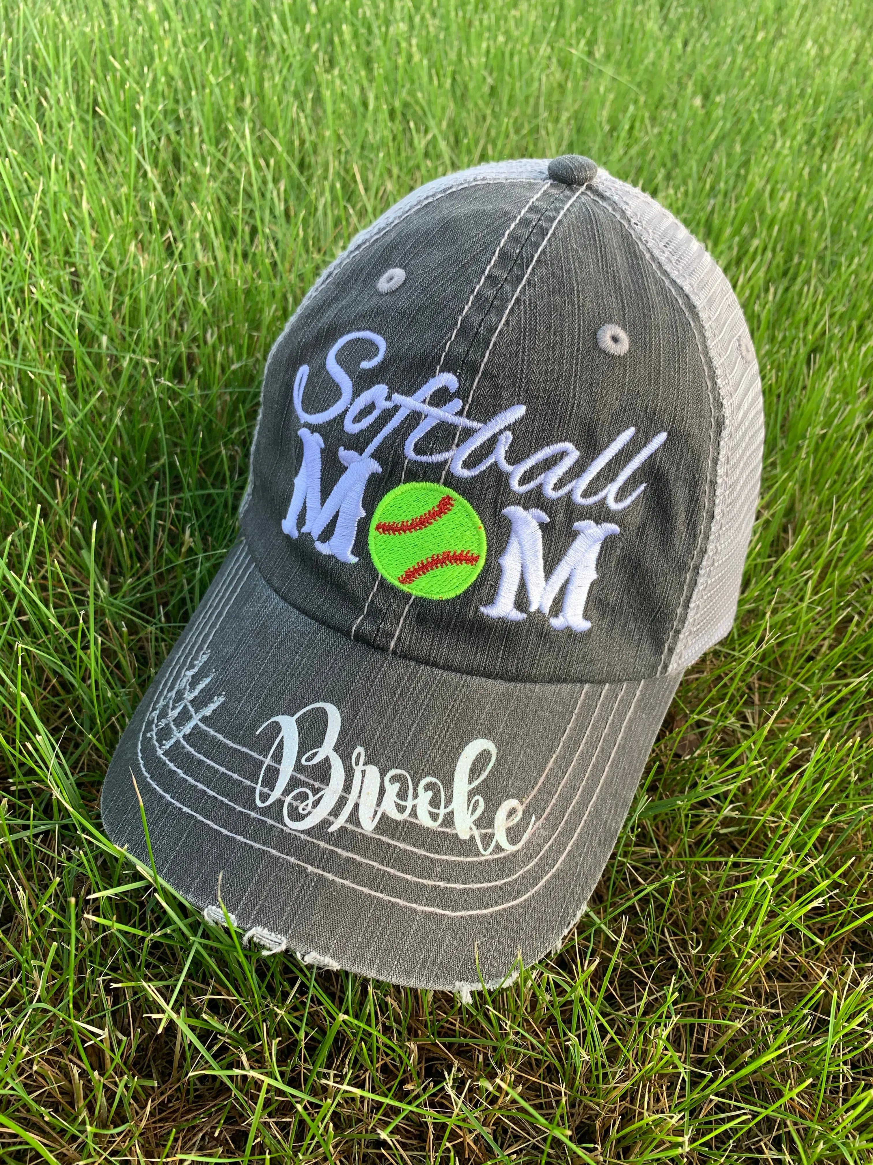 Softball hats Softball mom Softball hair dont care Embroidered gray distressed adjustable trucker caps Personalizable Softball forever