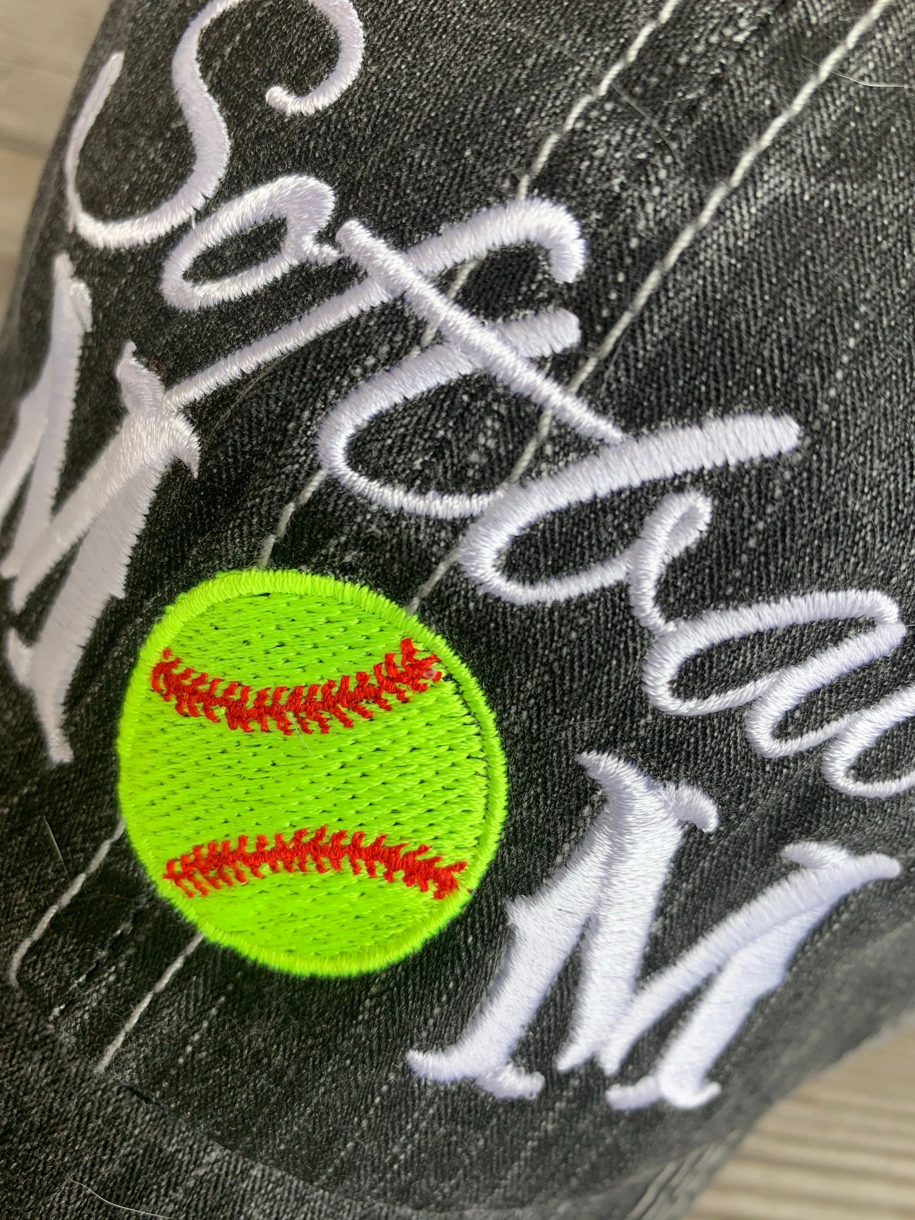 Softball hats Softball mom Softball hair dont care Embroidered gray distressed adjustable trucker caps Personalizable Softball forever