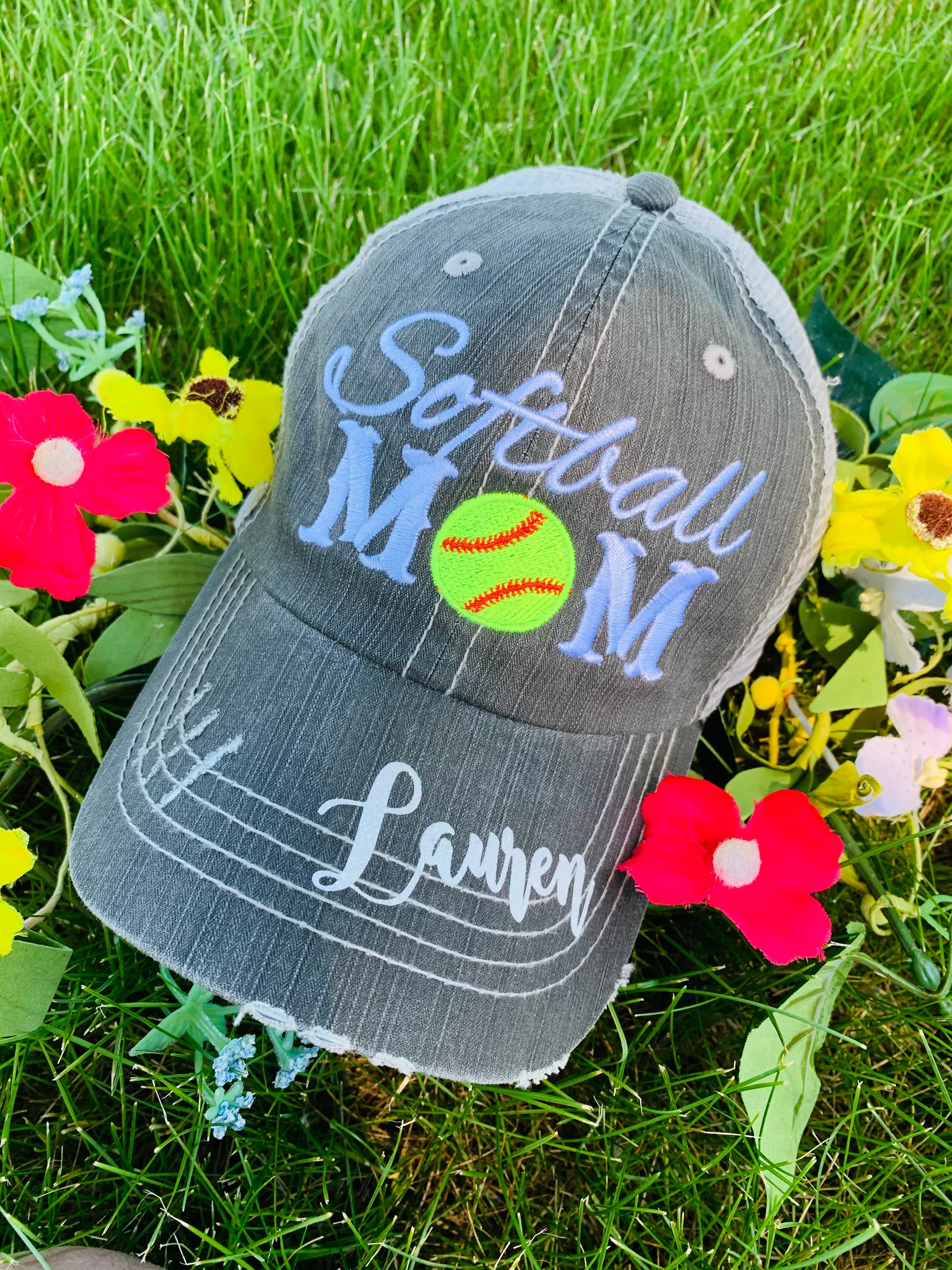 Softball hats Softball mom Softball hair dont care Embroidered gray distressed adjustable trucker caps Personalizable Softball forever