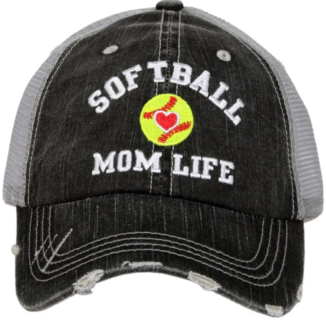 Softball hats Softball mom Softball hair dont care Embroidered gray distressed adjustable trucker caps Personalizable Softball forever