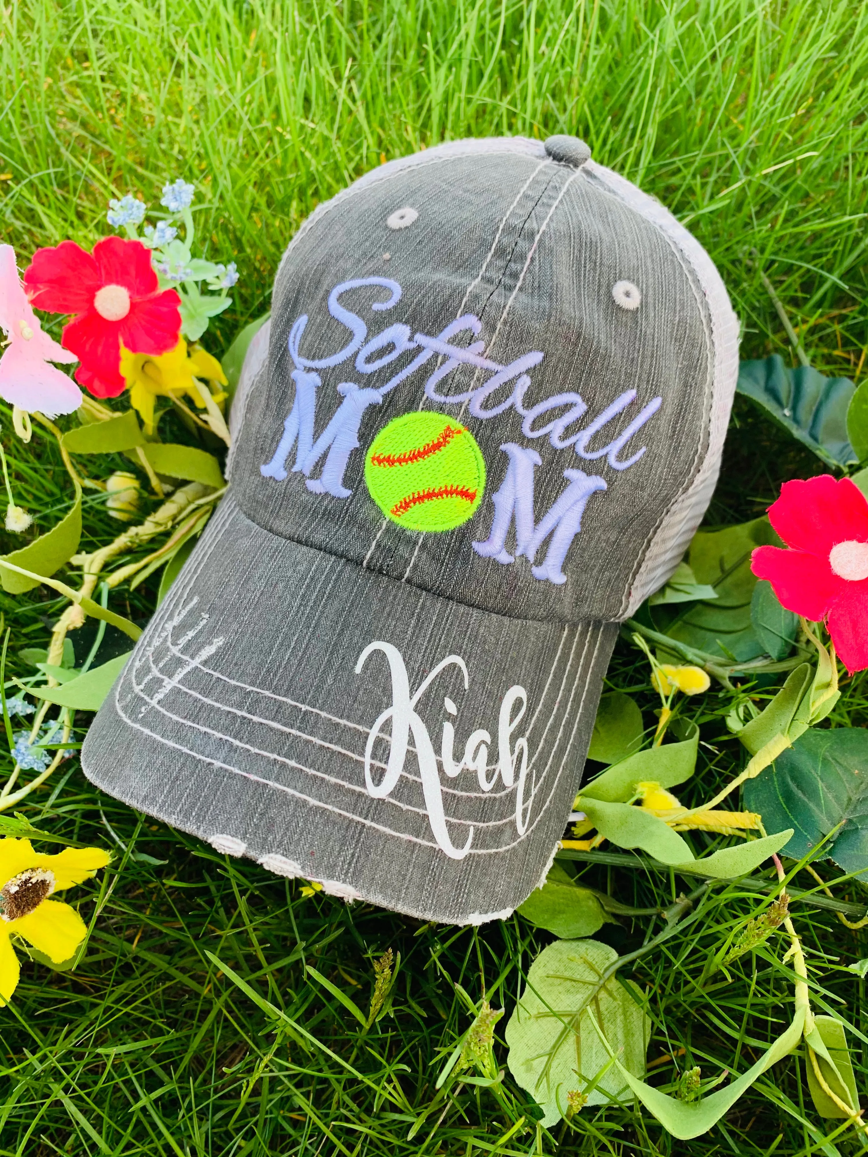 Softball hats Softball mom Softball hair dont care Embroidered gray distressed adjustable trucker caps Personalizable Softball forever