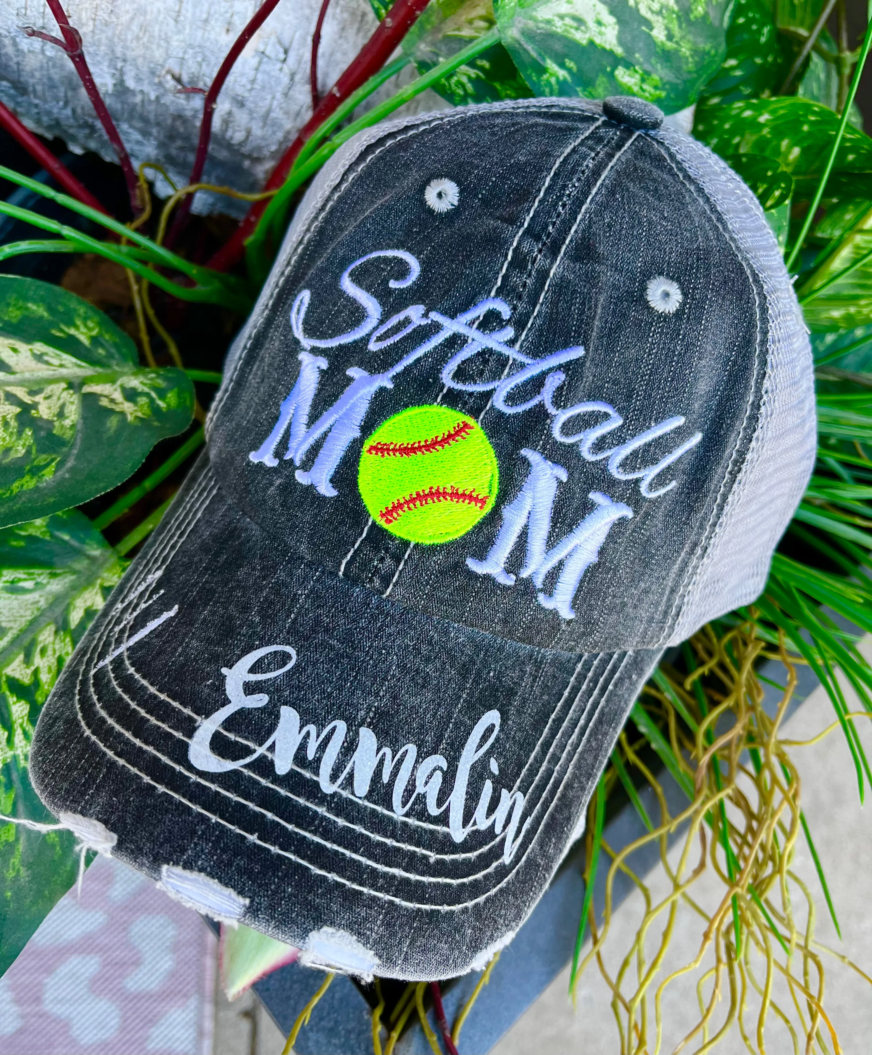 Softball hats Softball mom Softball hair dont care Embroidered gray distressed adjustable trucker caps Personalizable Softball forever