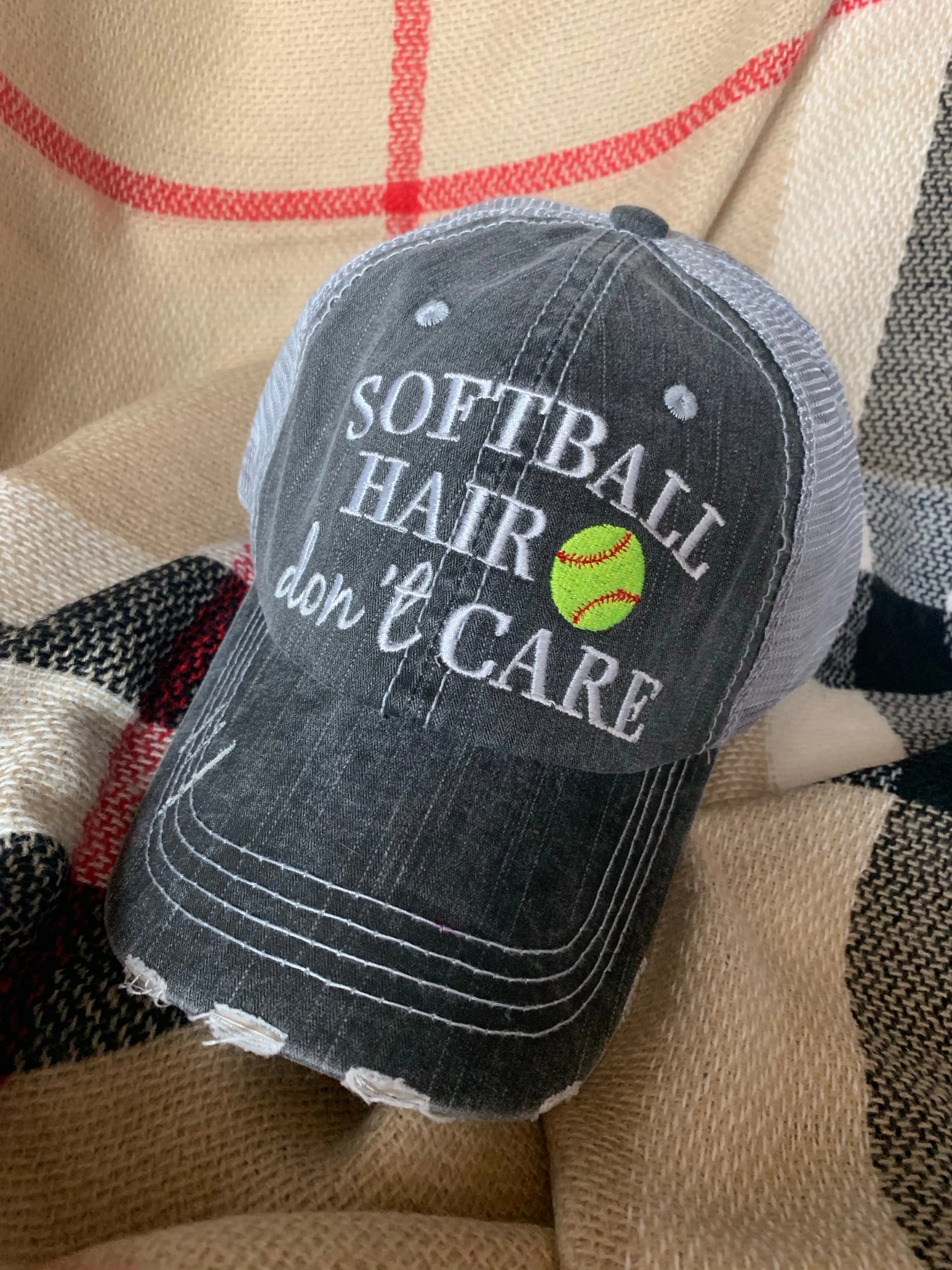Softball hats Softball mom Softball hair dont care Embroidered gray distressed adjustable trucker caps Personalizable Softball forever