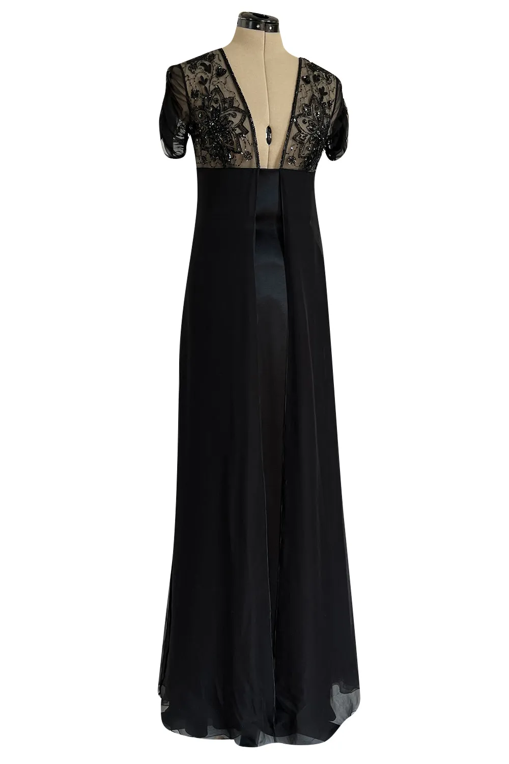 Stunning 1990s Valentino Black Silk Chiffon Dress w Sheer Beaded Net Bodice