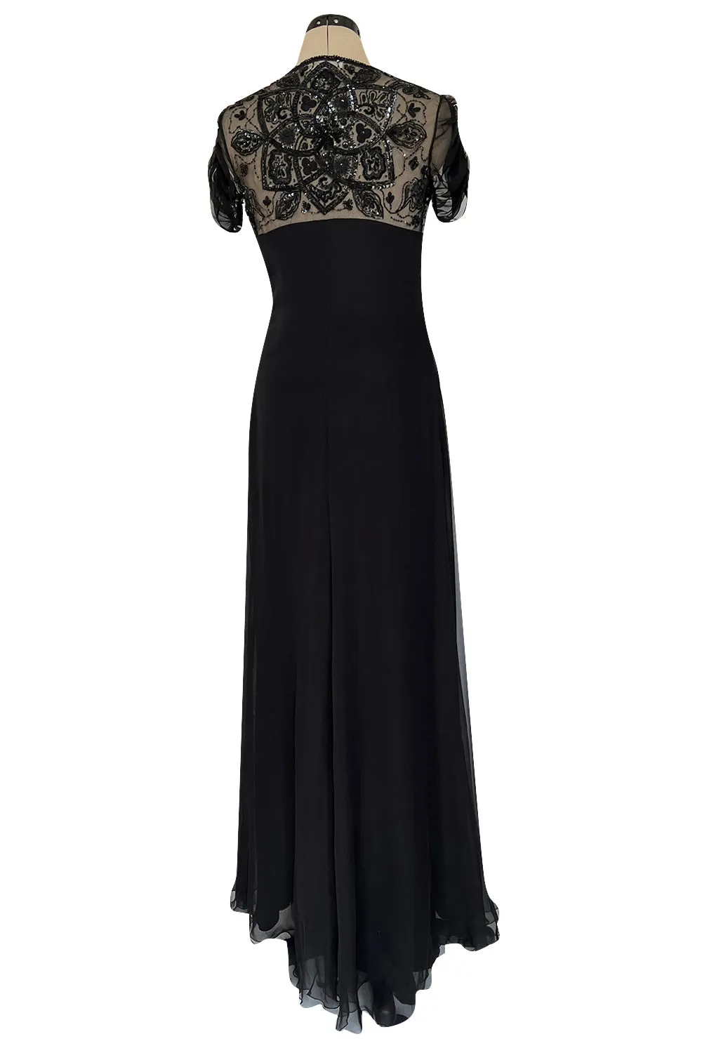 Stunning 1990s Valentino Black Silk Chiffon Dress w Sheer Beaded Net Bodice