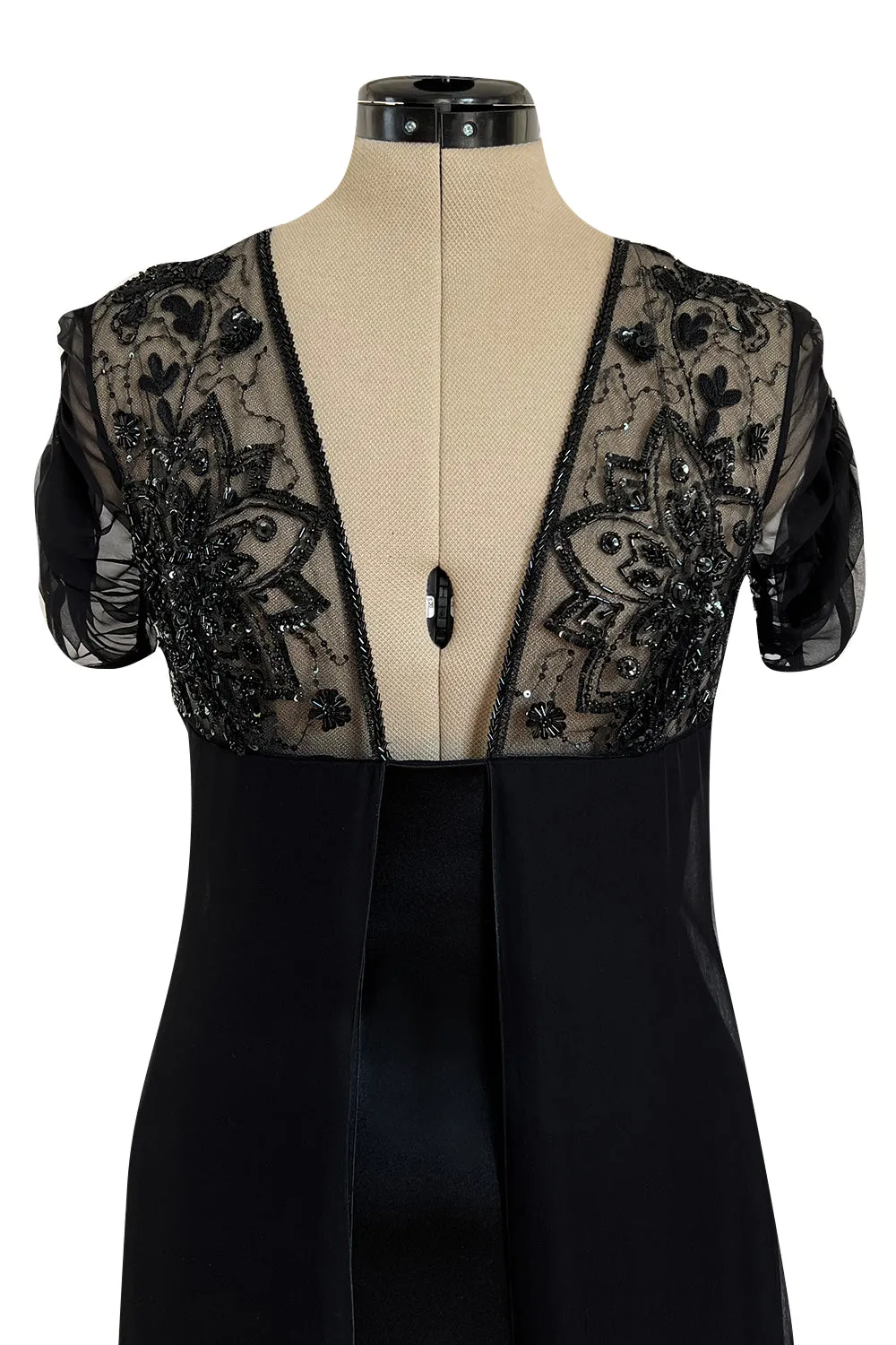 Stunning 1990s Valentino Black Silk Chiffon Dress w Sheer Beaded Net Bodice
