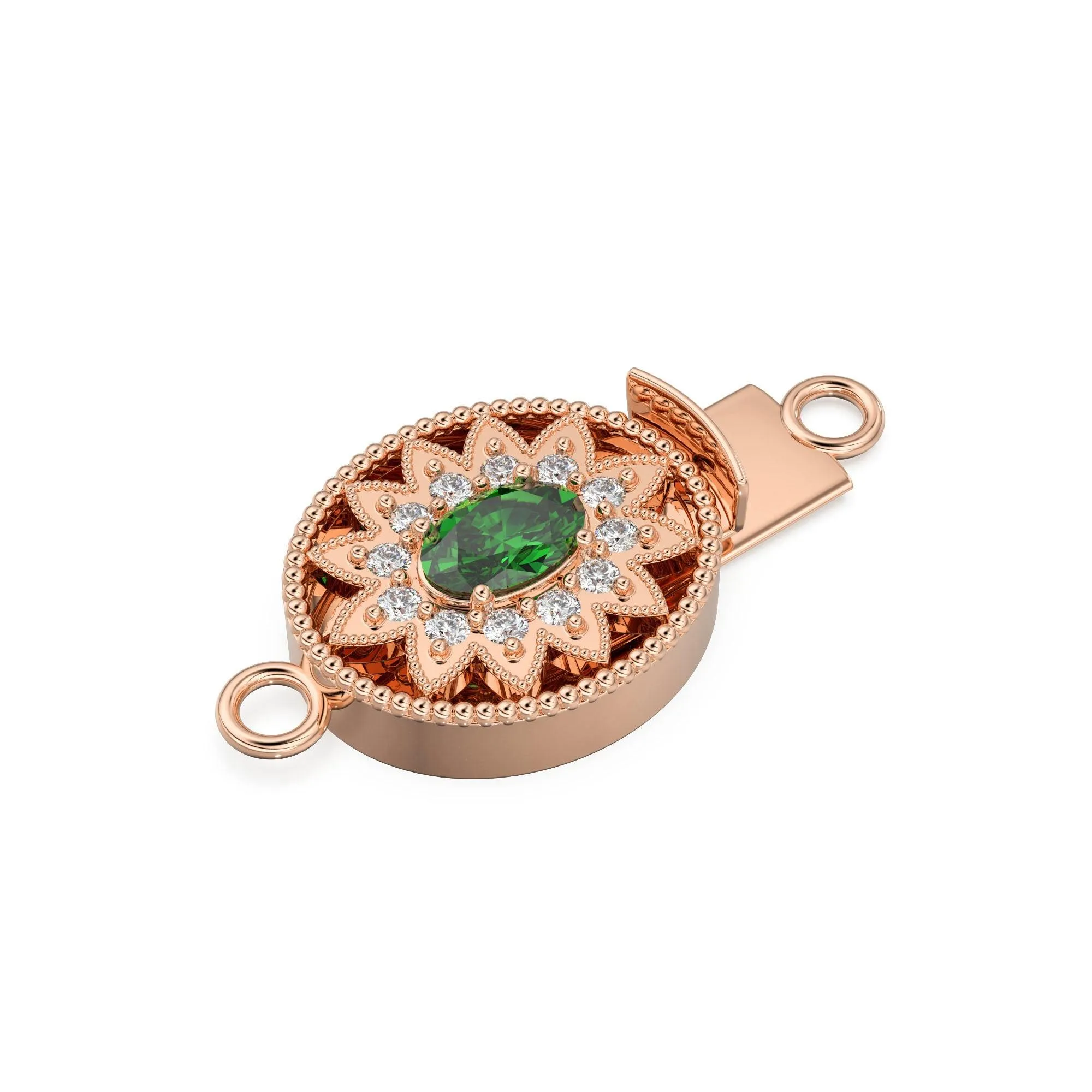 Sturdy Designer Emerald & Diamonds Migraine Oval Box Clasp / Diamond Clasp / Gold Designer Clasp / 23x13mm