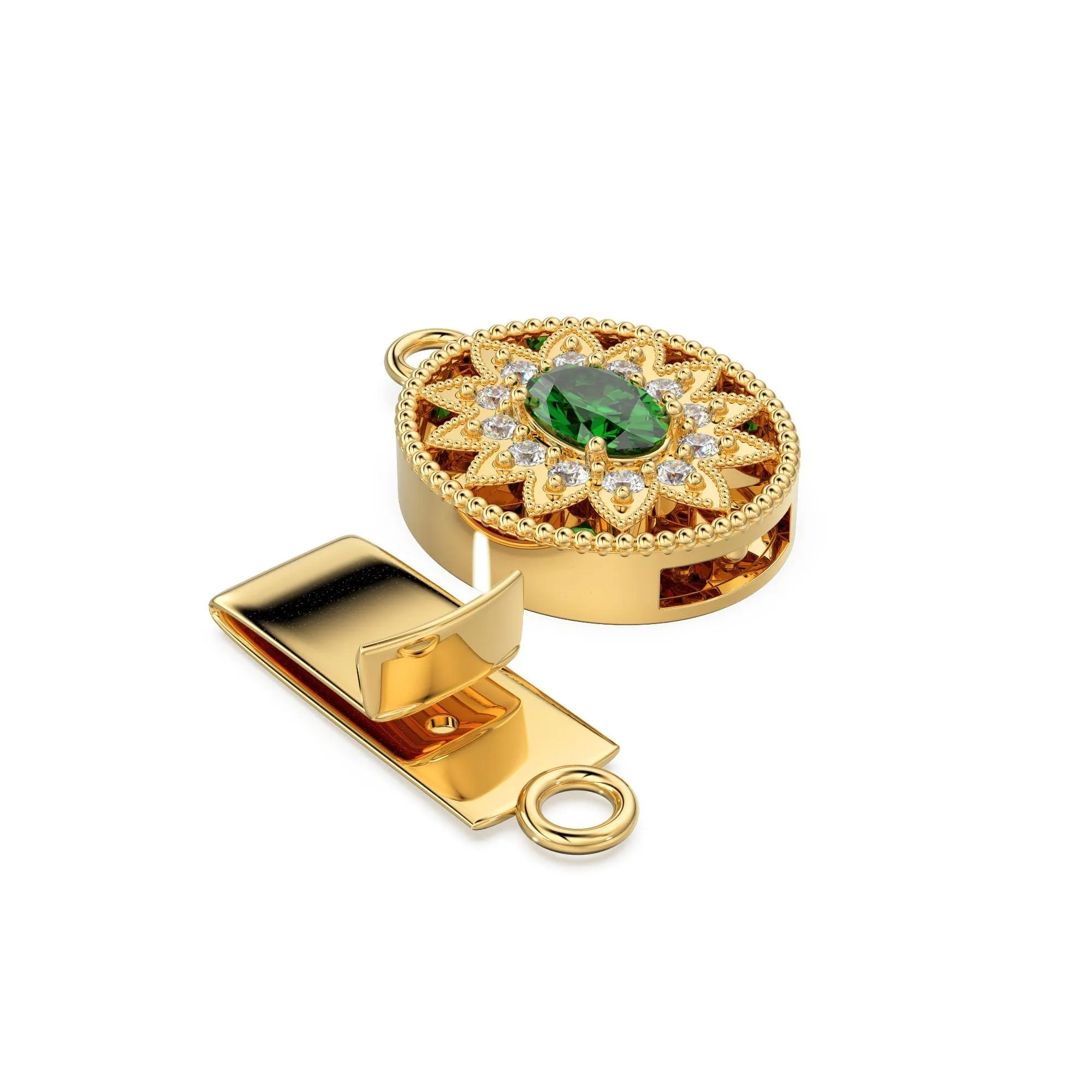 Sturdy Designer Emerald & Diamonds Migraine Oval Box Clasp / Diamond Clasp / Gold Designer Clasp / 23x13mm