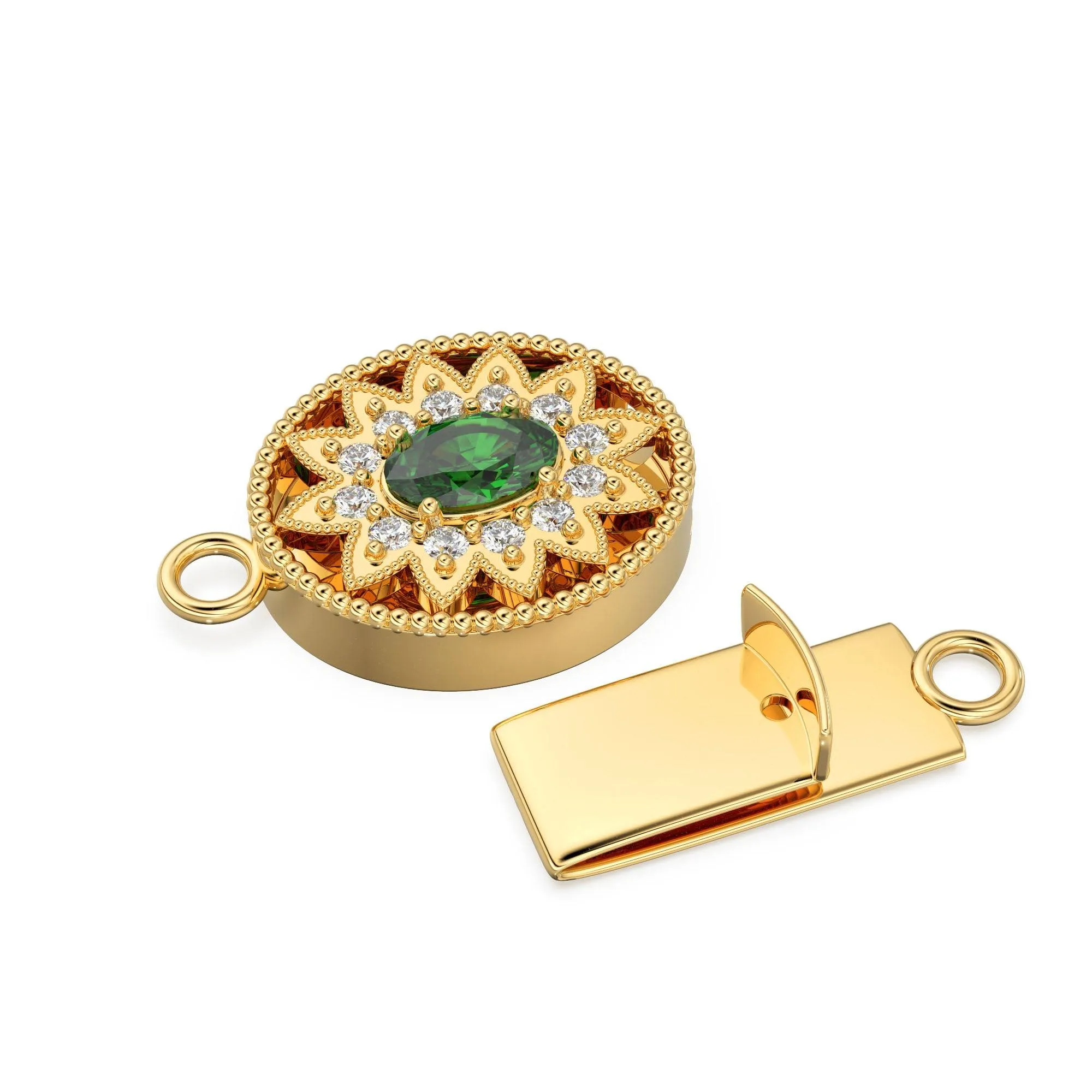 Sturdy Designer Emerald & Diamonds Migraine Oval Box Clasp / Diamond Clasp / Gold Designer Clasp / 23x13mm