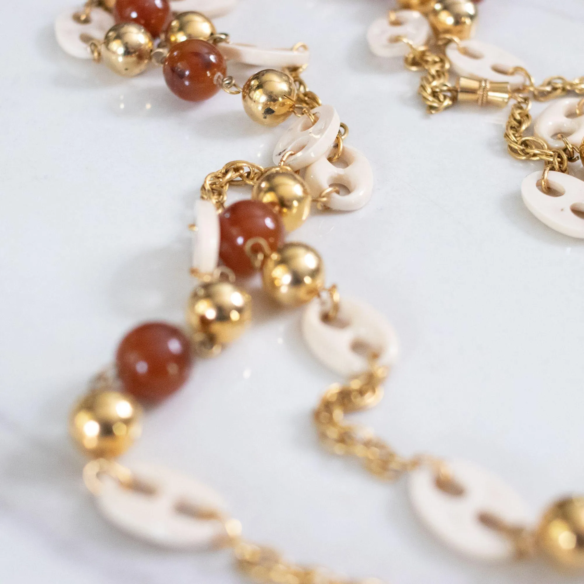 Vintage 1960s Cream Lucite Mariner Link, Gold, and Faux Tortoise Long Necklace