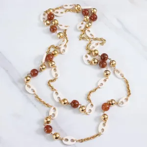 Vintage 1960s Cream Lucite Mariner Link, Gold, and Faux Tortoise Long Necklace