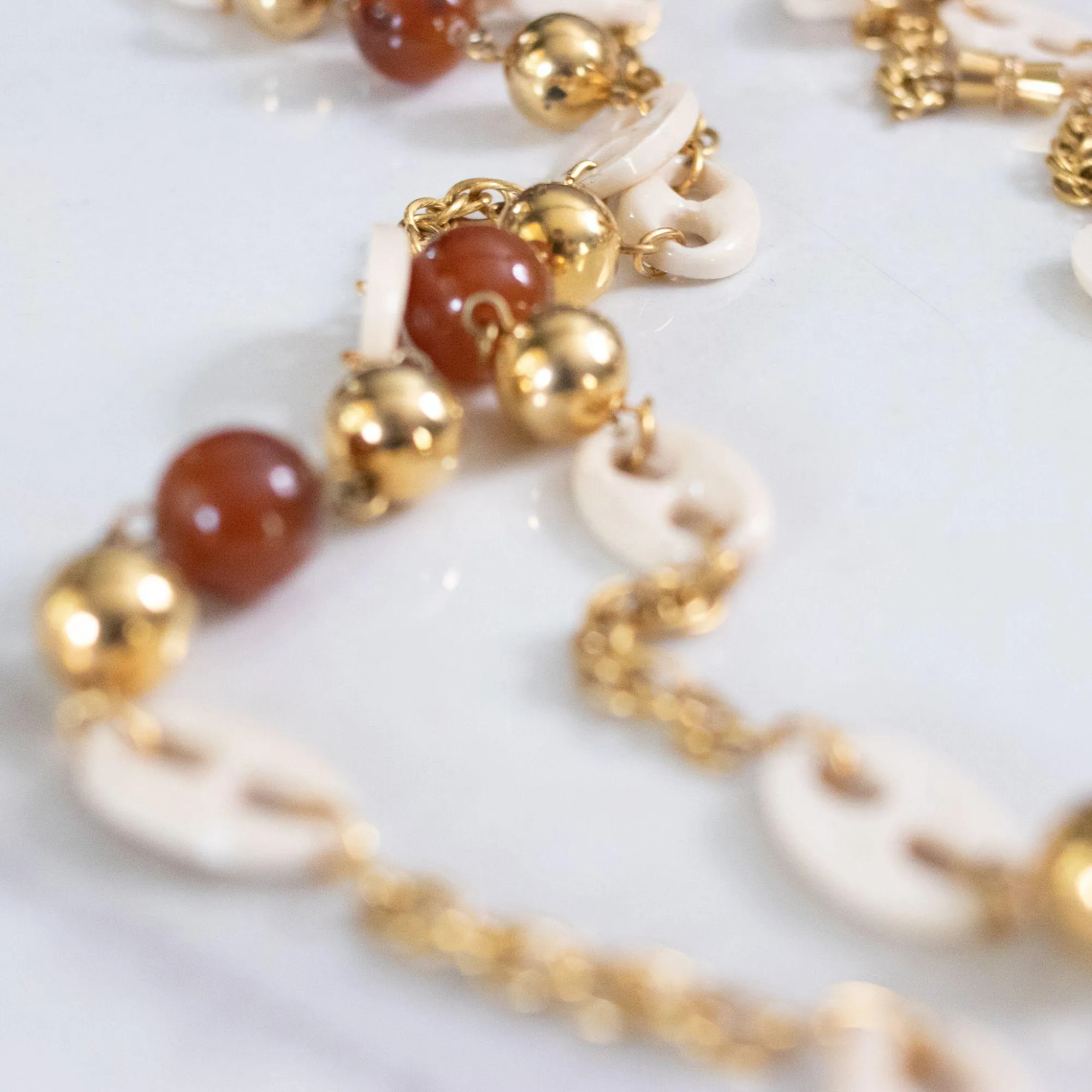 Vintage 1960s Cream Lucite Mariner Link, Gold, and Faux Tortoise Long Necklace