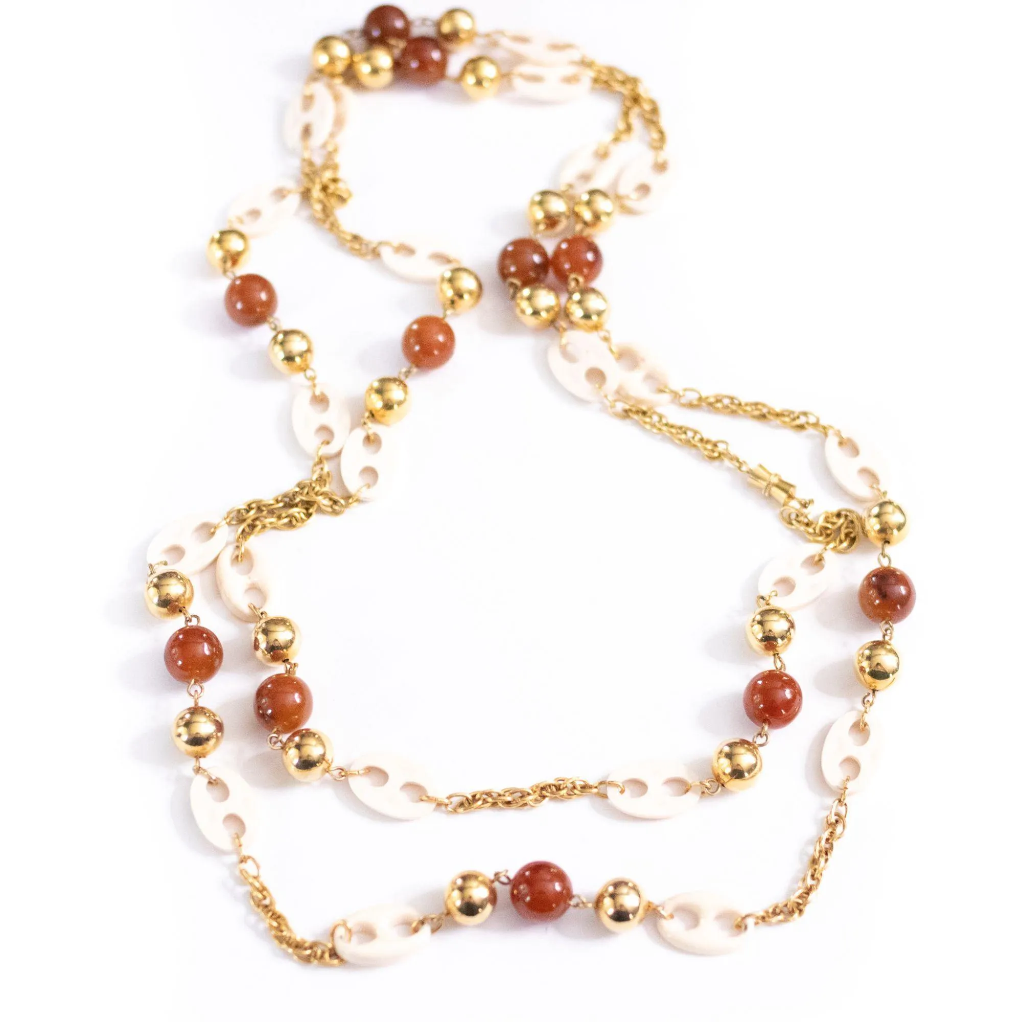 Vintage 1960s Cream Lucite Mariner Link, Gold, and Faux Tortoise Long Necklace