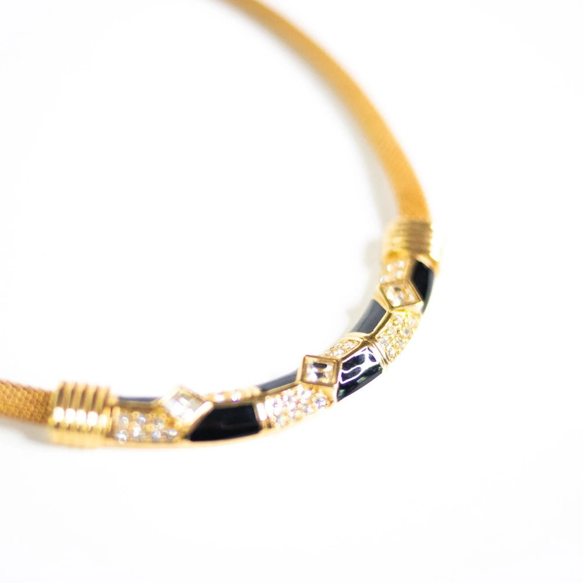 Vintage Swarovski Gold Necklace with Diamante Crystals and Black Enamel