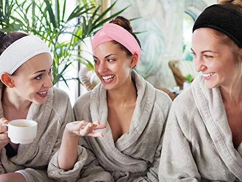 Whaline Spa Facial Headband Make Up Wrap Head Terry Cloth Headband Adjustable Towel for Face Washing, Shower, Facial Mask, 3 Pieces (White, Black, Pink)