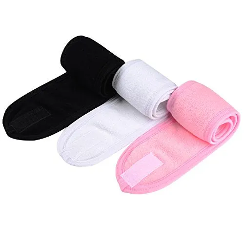 Whaline Spa Facial Headband Make Up Wrap Head Terry Cloth Headband Adjustable Towel for Face Washing, Shower, Facial Mask, 3 Pieces (White, Black, Pink)